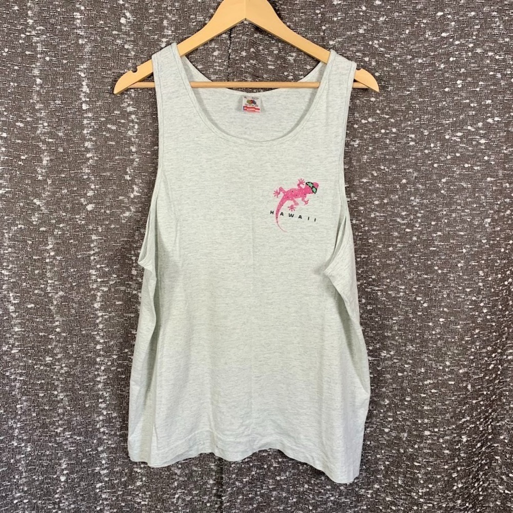 Vintage 90s Gecko Hawaii Tank Top Shirt Heather Gray Neon Pink Lizard Surf Beach